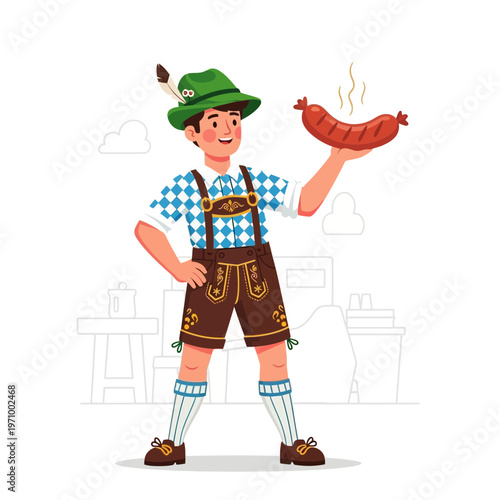 Bavarian man in traditional lederhosen holding a grilled sausage