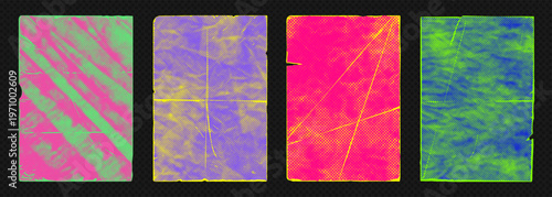 Abstract neon punk vector illustration background set with grunge paint textures, halftone dots, and distressed poster art elements creating bold urban street design retro punk aesthetic collection.