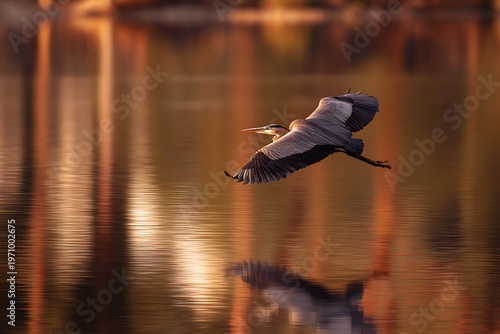 heron flying low over lake