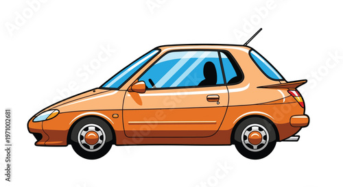 A stylish orange retro compact car with aerodynamic design features.