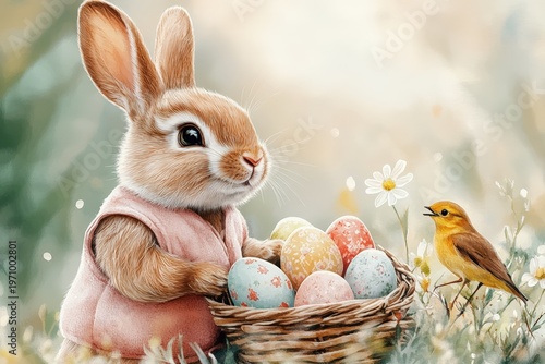Cartoon Easter Bunny with Eggs Basket, Bird and Flowers for Happy Easter Day.