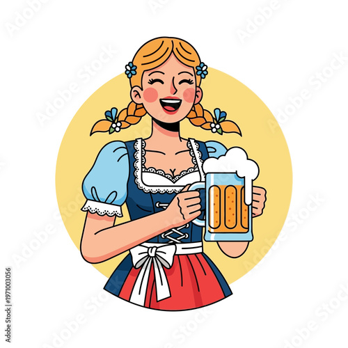 Oktoberfest woman in dirndl holding beer mug, smiling, blonde braids, festive mood