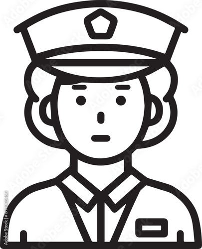 Hand Drawn Elderly Female Police Officer Black and White Illustration in Minimal Line Art Style Design