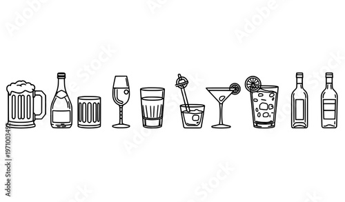 Set of various alcoholic drink icons in a minimalist line art style