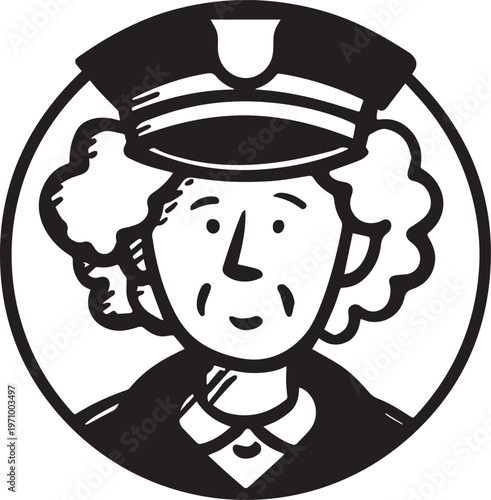 Hand Drawn Elderly Female Police Officer Black and White Illustration in Minimal Line Art Style Design