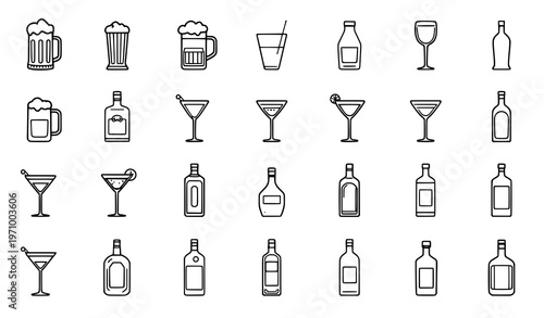  Set of minimalist icons depicting various alcoholic beverages and glasses