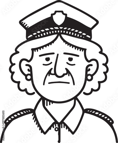 Hand Drawn Elderly Female Police Officer Black and White Illustration in Minimal Line Art Style Design