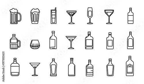 Set  of black and white line art icons depicting various alcoholic beverages