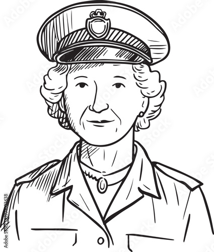 Hand Drawn Elderly Female Police Officer Black and White Illustration in Minimal Line Art Style Design