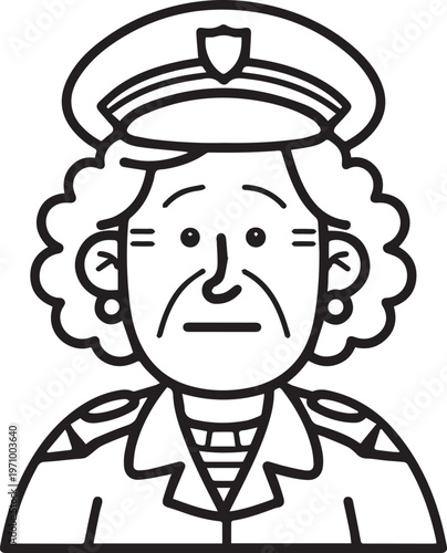 Hand Drawn Elderly Female Police Officer Black and White Illustration in Minimal Line Art Style Design