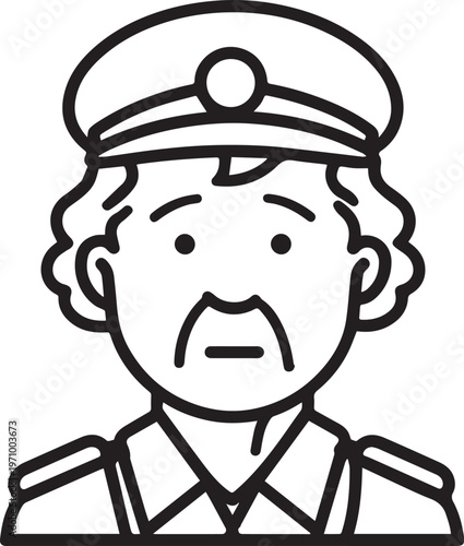 Hand Drawn Elderly Female Police Officer Black and White Illustration in Minimal Line Art Style Design