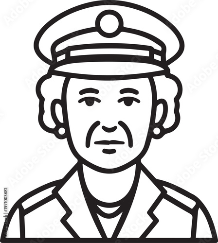 Hand Drawn Elderly Female Police Officer Black and White Illustration in Minimal Line Art Style Design