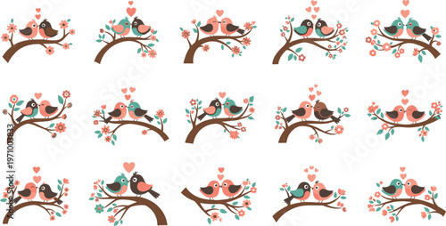 Flat vector illustration set of cute love birds perched on blooming tree branches with hearts for valentines day and romantic spring wedding greeting card concepts