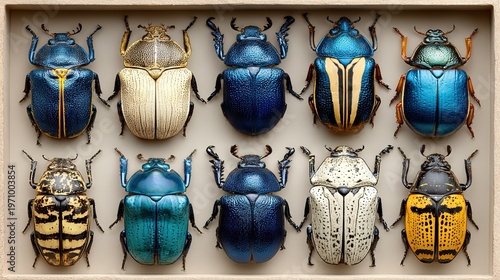 Vintage Taxidermy Scarab Beetles Display: 10 Exotic Tropical Insects in Curated Entomology Collection – Museum-Quality Specimens in Wooden Display Case for Natural History & Eclectic Decor