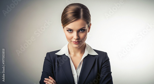 Confident Professional: A striking image of a self-assured woman, embodying the essence of professionalism. Captured in a formal suit with a sharp gaze.