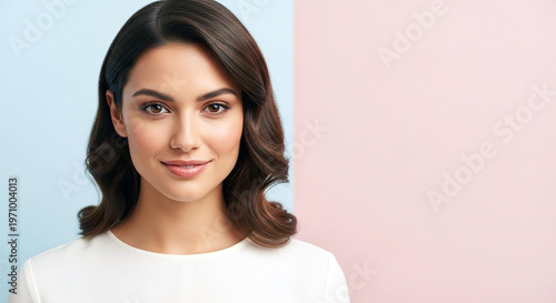 Poised Portrait: A radiant woman with expressive eyes and a gentle smile. She stands before a backdrop of pastel hues, her serene gaze capturing inner peace.