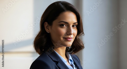 Elegant Professional: A portrait of a sophisticated businesswoman radiating confidence and poise. Capturing her elegance and professional demeanor in a sunlit office setting.
