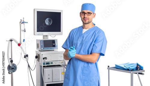 A medical professional in scrubs and glasses stands confidently beside complex operating equipment with a monitor displaying an X-ray