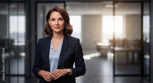 Confident Executive: A poised businesswoman in a tailored suit stands in a modern office, exuding confidence and professionalism, her gaze direct, reflecting leadership and ambition.
