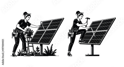 Two individuals installing solar panels on rooftops for renewable energy setup.