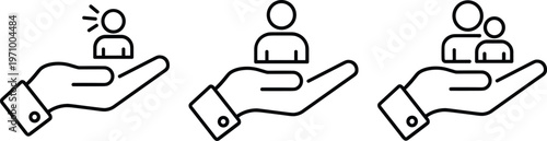 Three Outline Icons Showing Hands Holding Human Figures Representing Care and Support person