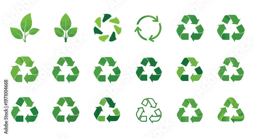 Collection of eco-friendly recycling and sustainability symbols with a green theme