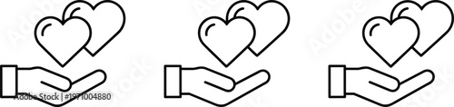 Three line art icons of a hand holding two hearts on white background love romance