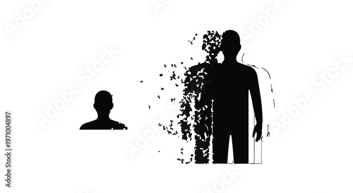 disintegrating man silhouette with particles flying away