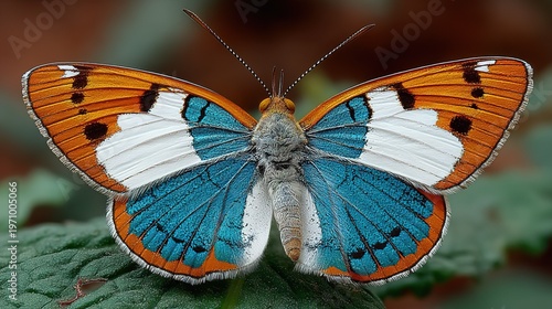 Macro Closeup of a Vibrant Wild Butterfly with Striking Blue, White, and Orange Wings—Detailed Wing Patterns and Natural Habitat on Green Leaf
