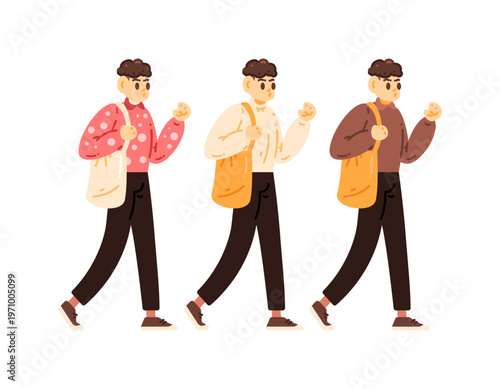 Illustration of a handsome man walking to work. Collection of outfits for going to work. Holding a briefcase. Cool, minimalist, casual, stylish, lifestyle. Flat style character illustration