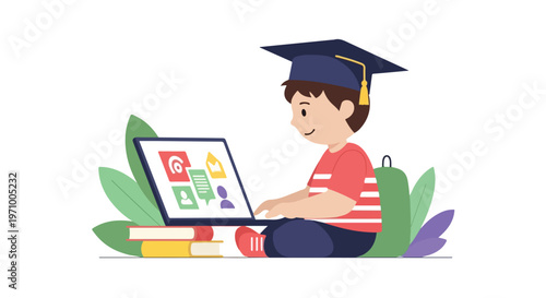 A young boy in a graduation cap sits on the floor, using a laptop for online learning amidst books and stylized leaves in a flat vector style.
