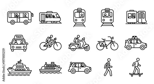 Collection of transportation icons in a simple line art style.
