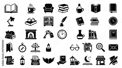 Collection of diverse icons representing knowledge, learning, and cozy home elements