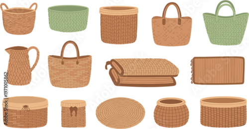 Handwoven water hyacinth baskets bags and storage containers collection natural eco friendly home decor and handicraft products vector illustration set