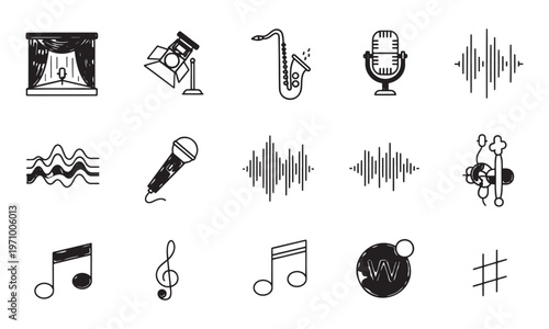 Music and audio icon set, sound wave frequency and musical notes, microphone saxophone and stage lighting symbols vector isolated on white.