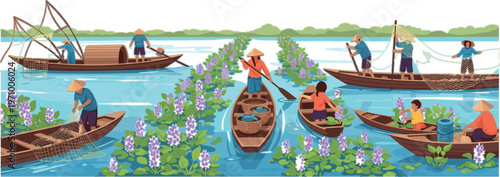 River fishing and harvesting scene with boats, people collecting water hyacinth, traditional rural activities and vibrant natural landscape illustration