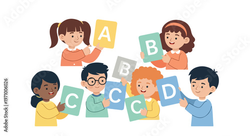 A group of diverse young children happily hold up colorful alphabet cards to practice their letters in a playful educational setting.