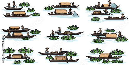 Traditional fishing and river transport scenes with wooden boats, people, floating vegetation and rural lifestyle activities in detailed hand drawn illustration set