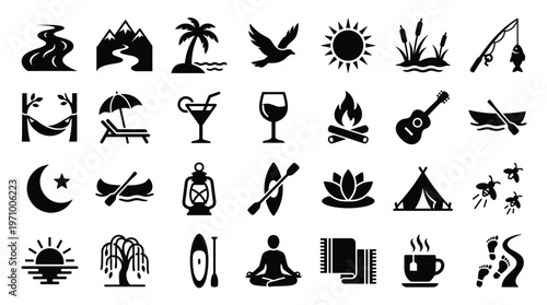 Collection of Icons Representing Outdoor Activities Nature Relaxation and Travel Adventures