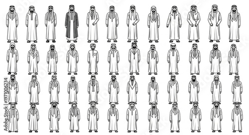 Collection of traditional Arab men in various poses and attire, black and white illustration.