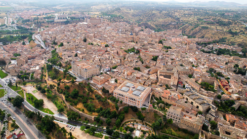 Aerial panorama view of the old town and city  Toledo in Spain on a sunny  summer morning