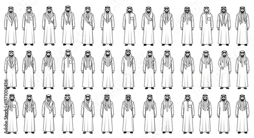 Collection of traditional Arab mens clothing in various styles and poses.