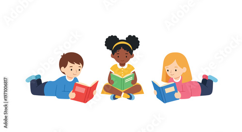 This vector depicts three diverse children engrossed in reading colorful books while sitting or lying down on a clean white background.