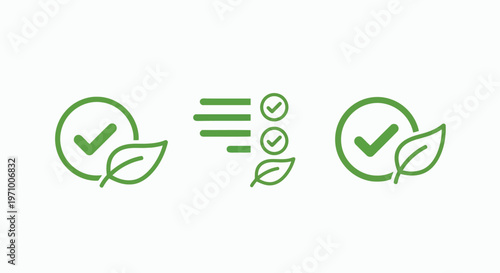 Green sustainability icons connected by a balance symbol
