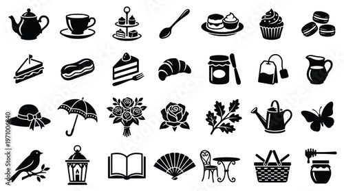 Collection of black and white icons representing tea party and leisure activities