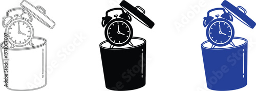 Alarm Clock in Trash Bin Icon Set Representing Waste of Time and Procrastination