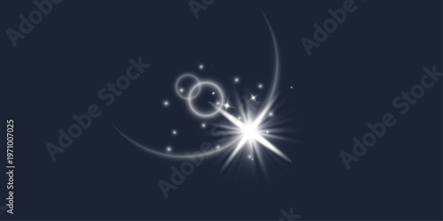 White light flare with curved halos. Star burst with radial beams, overlapping rings, sparkle dots on dark backdrop. Glowing neon arcs, soft circles. Space overlay, magic poster, lens effect. Vector.