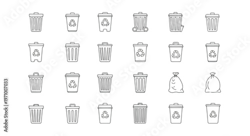 Collection of various recycling and waste disposal bin icons with different symbols