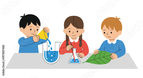 Three curious children are engaged in various science experiments, involving pouring liquids, stirring chemicals, and examining a large green leaf.