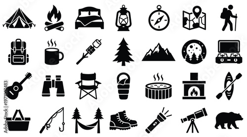 Collection of camping and outdoor adventure icons representing travel leisure and nature exploration activities